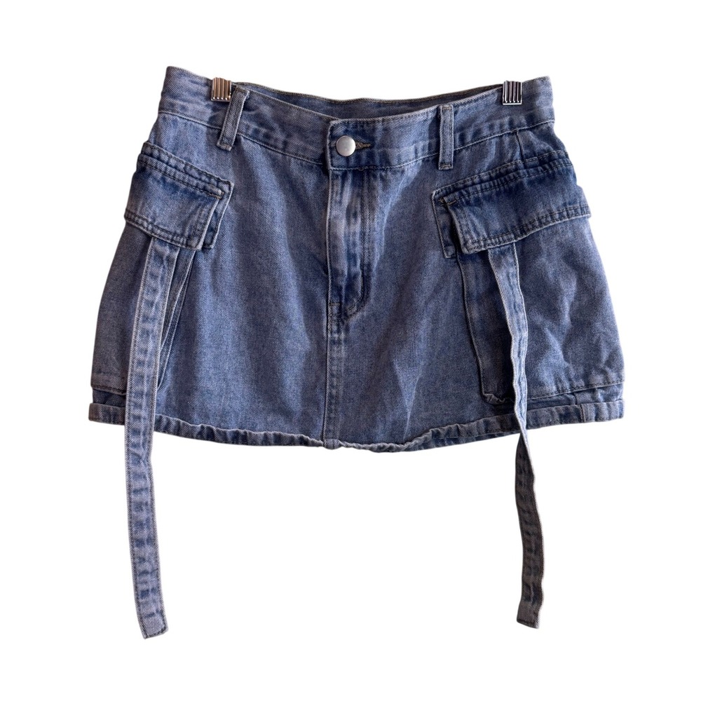 Womens Y2K Streetwear Cargo Casual Medium Wash Denim Mini Skirt Blue Medium